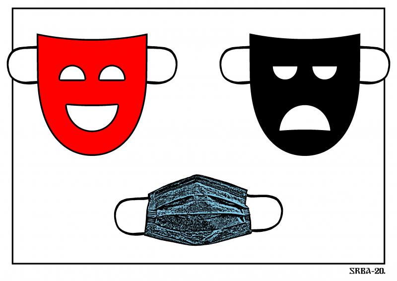 Symbols of theater, masks of comedy and tragedy and a symbol of a new reality, a protective mask.